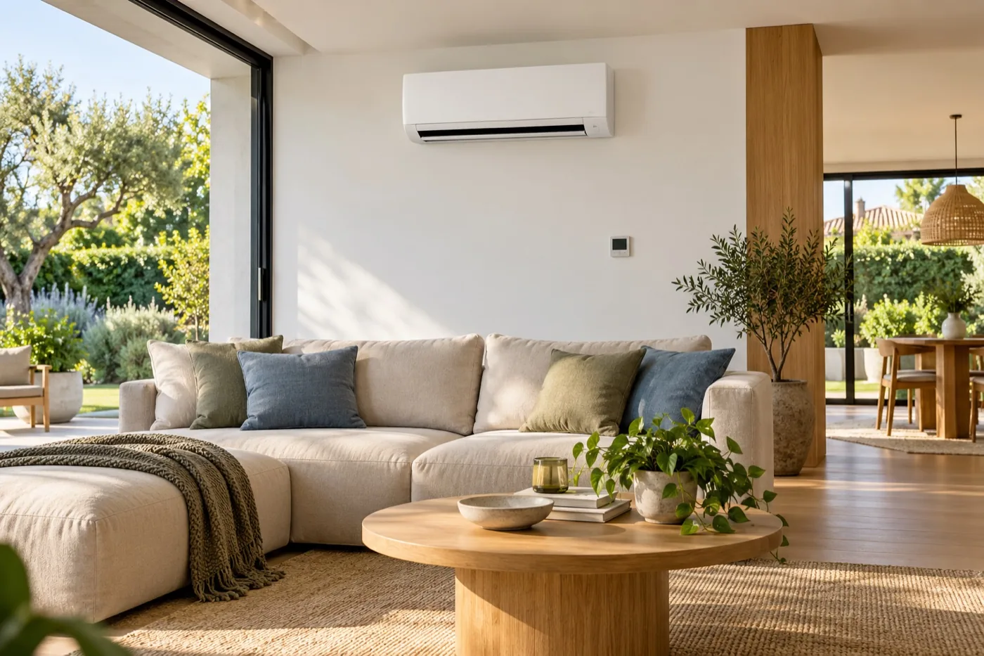 Sala climatizada com unidade interior de bomba de calor e termóstato na parede